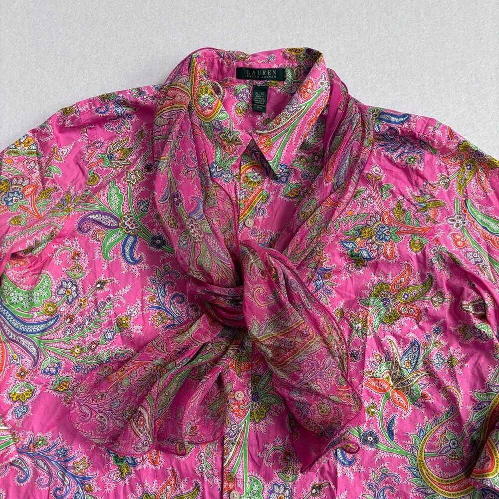 Ralph Lauren Paisley Button Shirt Blouse Women XL Pink 3/4 Sleeve w/Scarf Preppy - Picture 2 of 7